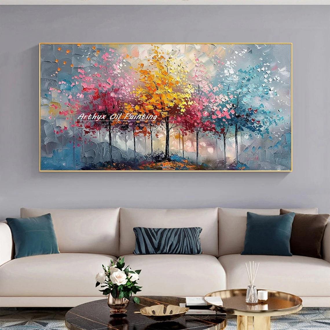 Arthyx,Large Handpainted Palette Knife Tree Oil Painting on Canvas,Modern Abstract Landscape Art Poster,Wall Pictures,Home Decor